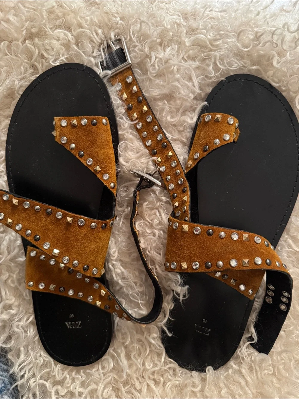 ZARA studded flat suede sandals size 40 Ankle-Strap Sandal - camel color